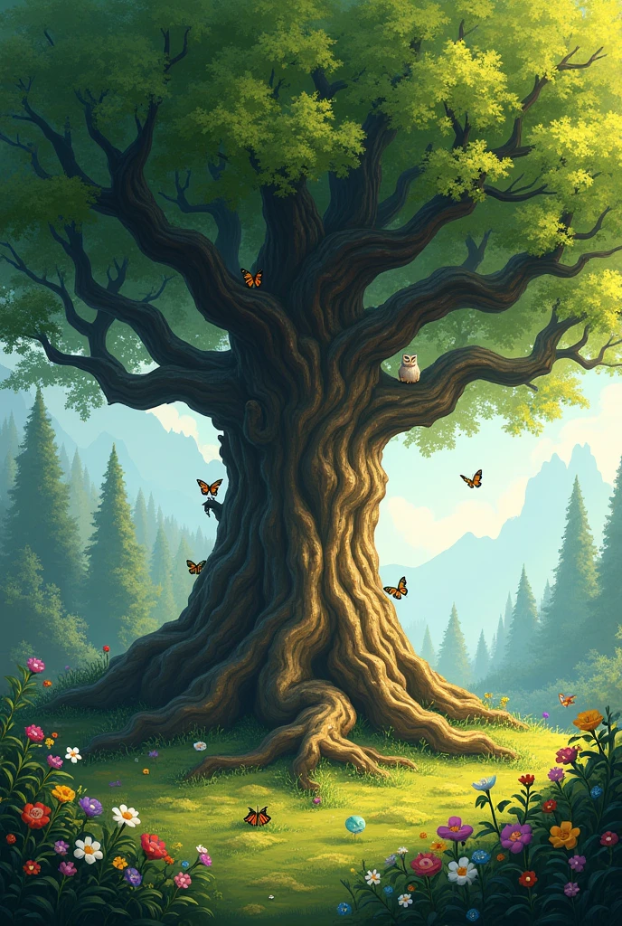a large tree, that stands out in the middle of a large dense forest. She has a very large crown, full of branches and leaves and futures. There are many birds in the tree, as it serves as shelter for birds to place their nests. underneath her, There are several animals, of different species, I feed on its fruits.