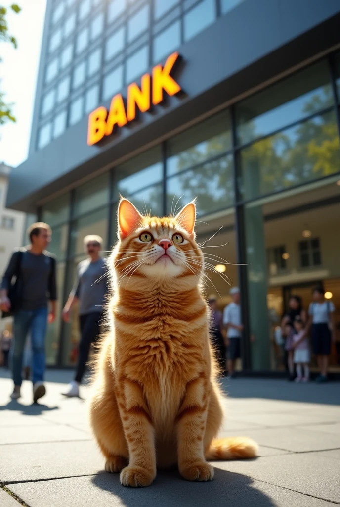 A realistic, orange chubby cat standing in front of a bank, looking mischievous. The bank is a modern building with glass windows and a large sign that says 'BANK' in bold letters. The scene is set during the day, with people walking by, unaware of the cat's intentions."