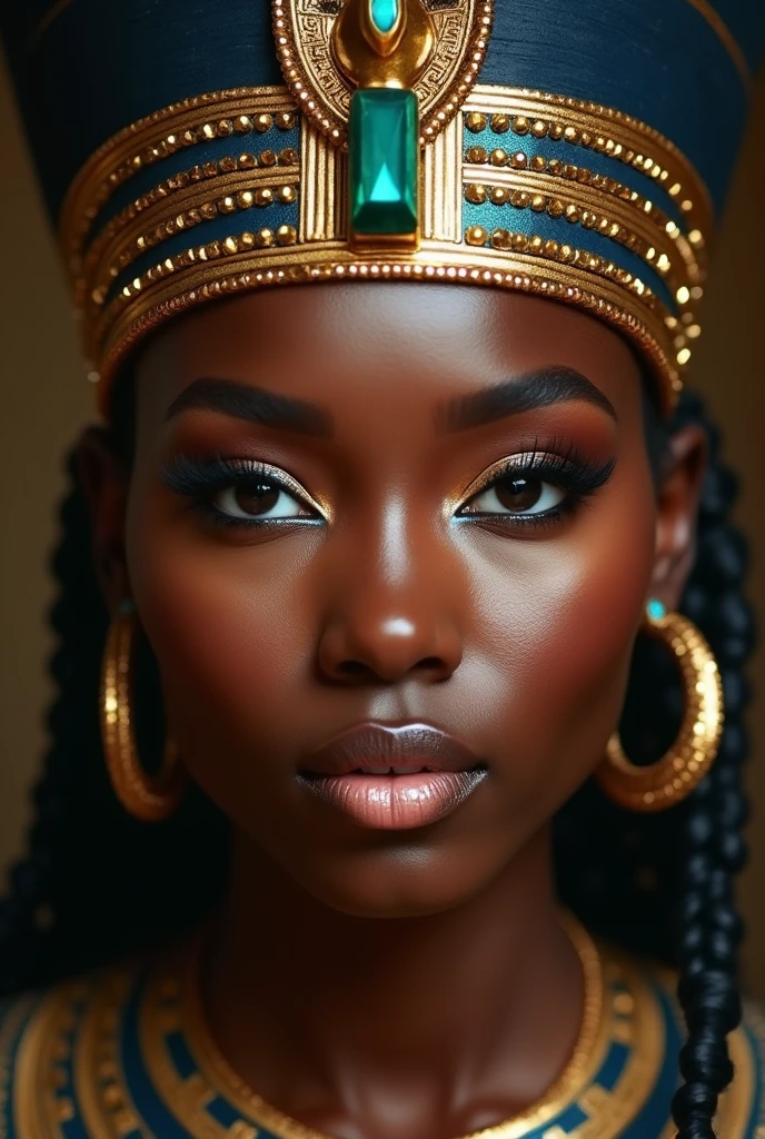 SUPER CLOSUP HEADSHOT OF A BLACK BEAUTIFUL DARK SKIN BLACK WOMAN WITH LUSCHIOIUS LIPS IN A PHARAOH HEADPIECE WITH EGYPTIAN MAKEUP. Head head facing the camera at a 90 degree aangle looking directly at the camera, overhead lighting