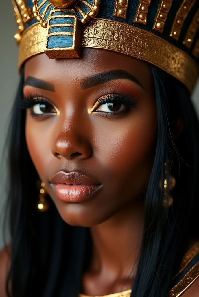 SUPER CLOSUP HEADSHOT OF A BLACK BEAUTIFUL DARK SKIN BLACK WOMAN WITH LUSCHIOIUS LIPS IN A PHARAOH HEADPIECE WITH EGYPTIAN MAKEUP. Head head facing the camera at a 90 degree aangle looking directly at the camera, overhead lighting