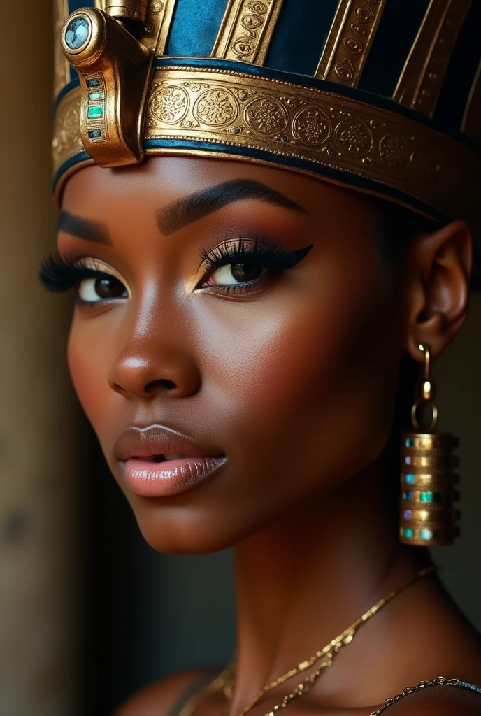 SUPER CLOSUP HEADSHOT OF A BLACK BEAUTIFUL DARK SKIN  BLACK WOMAN  WITH LUSCHIOIUS LIPS IN A PHARAOH HEADPIECE WITH EGYPTIAN MAKEUP.  Head head facing the camera at a 90 degree aangle looking directly at the camera, overhead lighting 