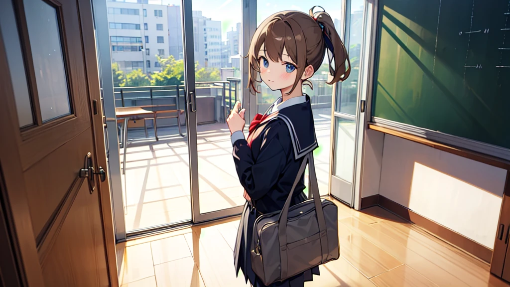 A light brown haired gal schoolgirl opens the classroom door and enters.。