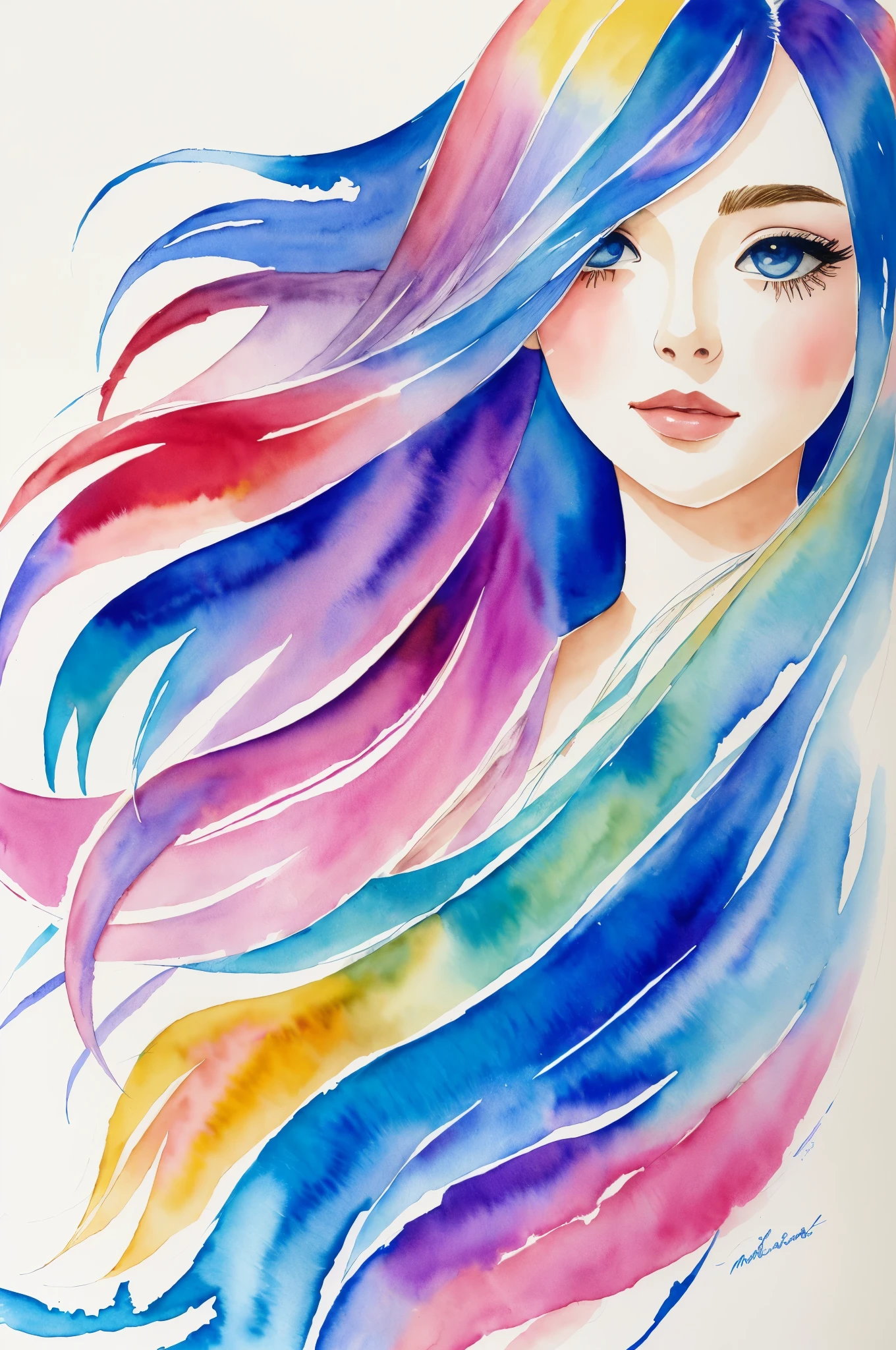 masterpiece, best quality, 1girl, long flowing hair, watercolor, upper body photo