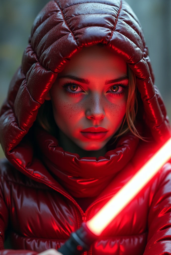 a slim ponytail 16 year old red-eyed sith wielding her bright lightsaber battling her slim nemesis,beautiful detailed eyes,beautiful freckles,beautiful detailed lips,extremely detailed eyes and face,longeyelashes, wearing beautiful detailed skintight airtight covering-head hooded formfitting duvetica overfilled shiny super gleamy thick glossy puffervest covering over her padded high-collared pufferjacket, glossy latex leggings,symmetrical,masterpiece,cinematic,lifelike,hyperrealistic,8k,photorealistic,highly detailed,intricate,exquisite,elegant,beautiful,stunning