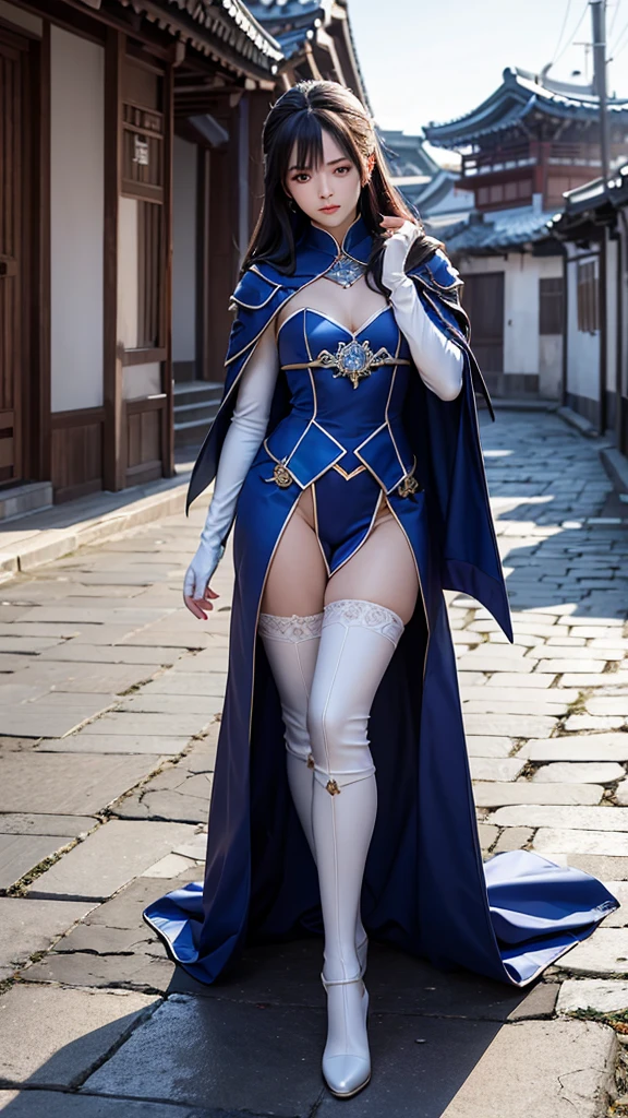 South korea walk women mystery hooded on with modern royal Blue coat with long and wide sleeves with buttons and royal Blue cape and very high white heel over the knee and white gloves, As she reveals a small secret hidden blade coming from his palm , adding to the characters mysterious, with small movements of air on the cape, in summer at night under the rain,medieval south korea house. sophisticated and highly detailed, ultra hd, realistic, hyper detailed, enhanced colours, ultra sharp focus, with vibrant, rich in details High quality, gorgeous, captivating, 8k, super detailed, stunning shadows, detailed lines, blood stain on coat and gloves, corpses in the street recently murdered