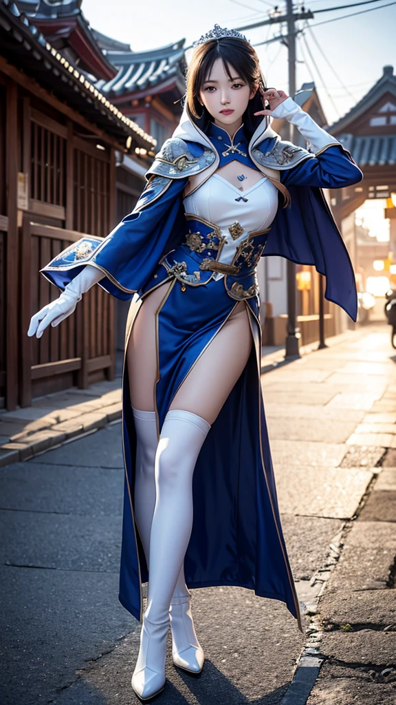 South korea walk women mystery hooded on with modern royal Blue coat with long and wide sleeves with buttons and royal Blue cape and very high white heel over the knee and white gloves, As she reveals a small secret hidden blade coming from his palm , adding to the characters mysterious, with small movements of air on the cape, in summer at night under the rain,medieval south korea house. sophisticated and highly detailed, ultra hd, realistic, hyper detailed, enhanced colours, ultra sharp focus, with vibrant, rich in details High quality, gorgeous, captivating, 8k, super detailed, stunning shadows, detailed lines, blood stain on coat and gloves, corpses in the street recently murdered