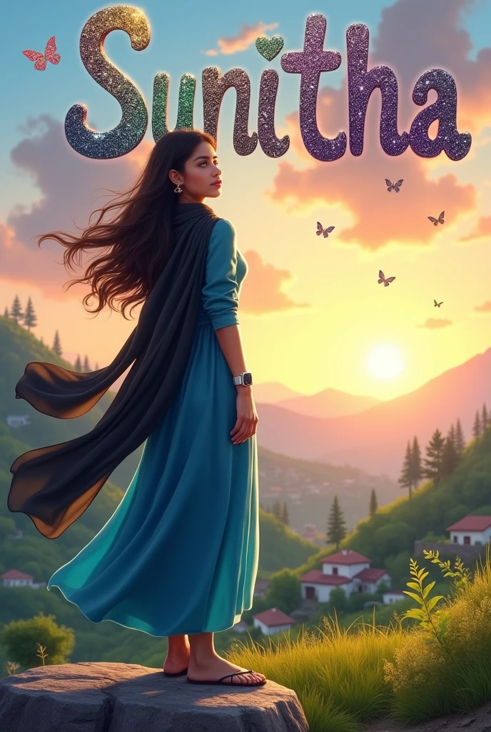 Beautiful cute short girl aged 18 , stand on stone in middle of hills, have long hair and wears ear rings and wears metallic smart watch to her left hand and seeing time and wears blue colour full hands dress and black scarf  which is flying due to air and  black colour legin pand and wears Black colour chappal and seeing left side and sky in sunset mood, in background village and trees and green crops and House written SUNITHA name on the sky at her background with 3D metallic colourful glitter with metallic silver heart, metallic purple butterfly, metallic green peal. Everything in front 3D rendering, typography, 3d render, poster, fashion