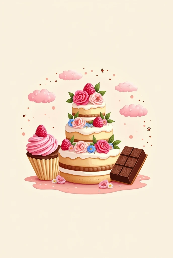 A beautiful logo for a bakery with a cake in the middle, a cupcake and a chocolate bar