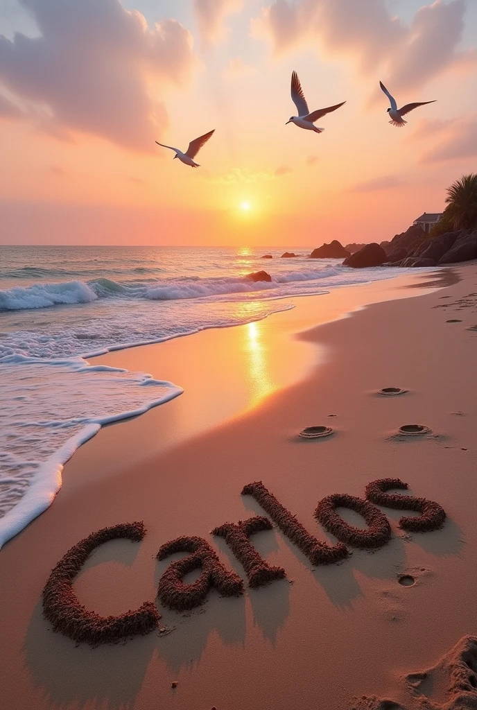Make a picture where the name Carlos is written., written in the sand on the beach