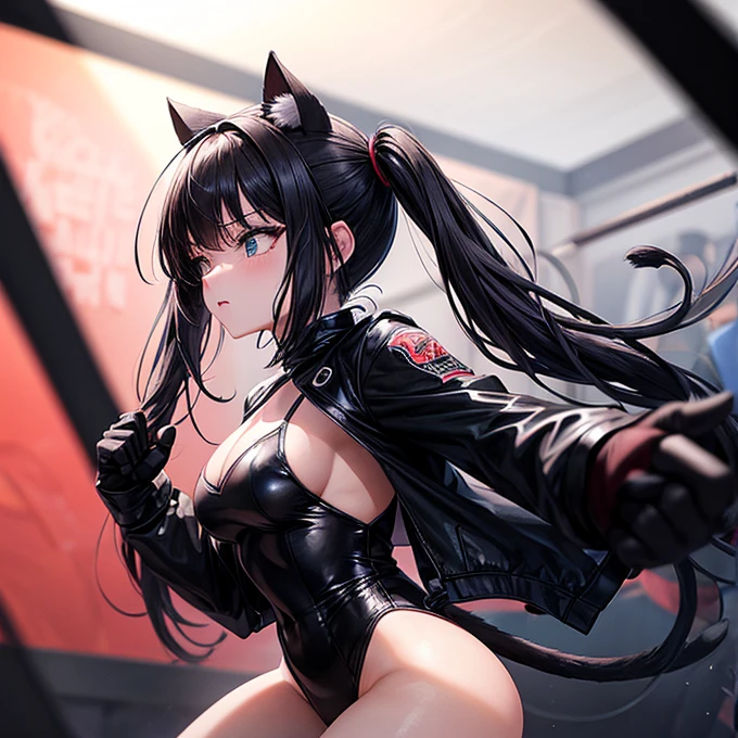 she is wearing black clothes,  High Cut Bodysuit.A woman doing professional wrestling　It has cat ears and a tail...　Twin tails　Open Finger Gloves　Fighting in the ring