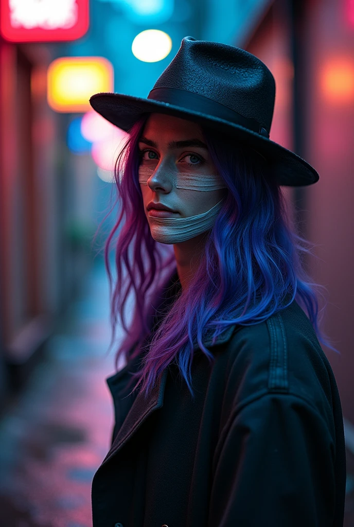 A man with somewhat long purple hair and an androgynous appearance, bandages covering part of his face and an old hat 