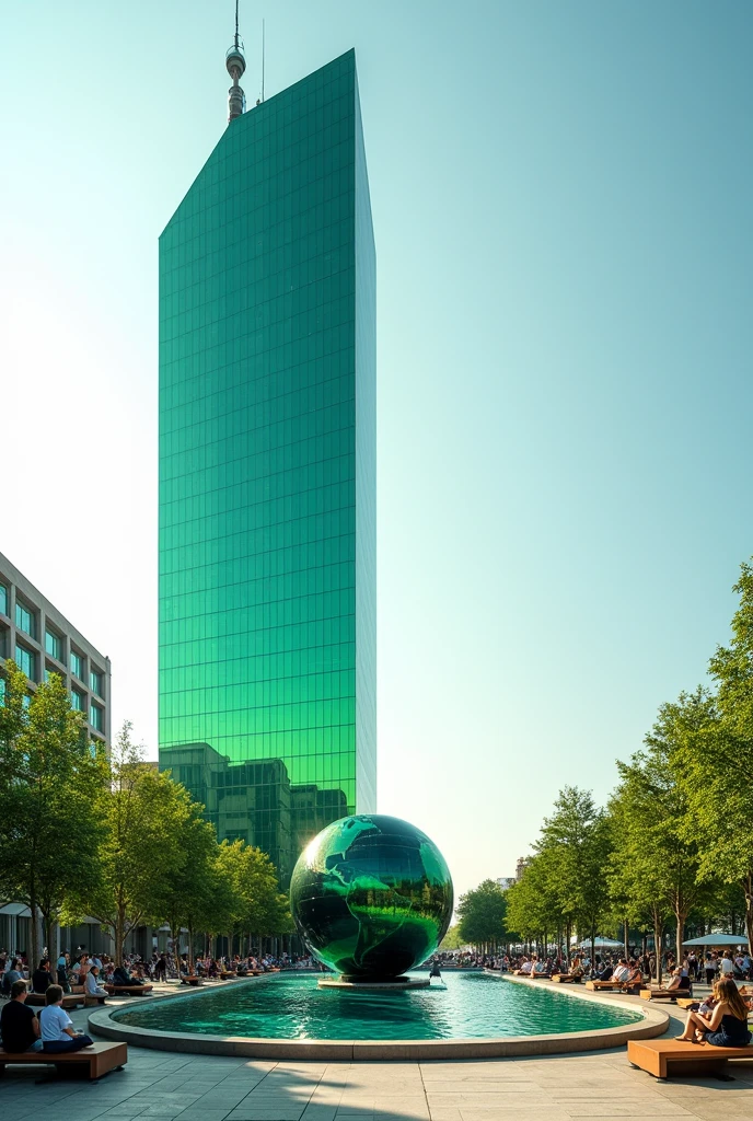 Generate a 105-story building as a thin vertical rectangle ,lime green and cyan glass with a plaza where there are people on the benches and visiting the building and a circular fountain that protrudes 40cm that has no edge for the water to fall and a globe with something to stop it in dark blue and lime green and the tower has a lime green and cyan antenna and no trees.