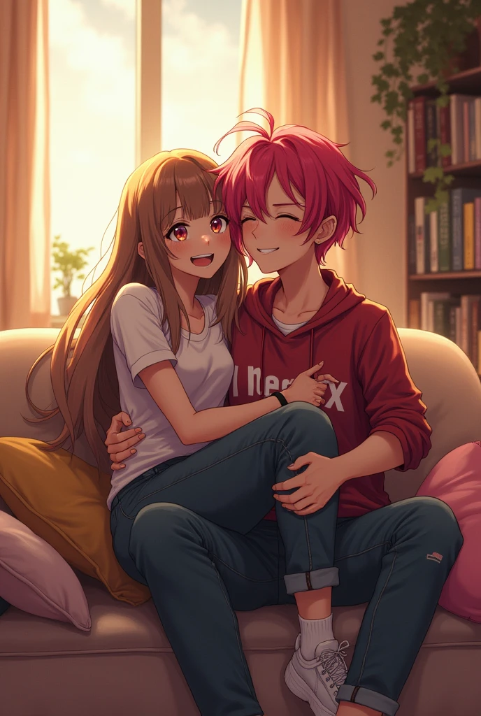 An anime dominant tomboy girl is sitting on the sofa and on that tomboy lap a girl in her 20's sitting on her lap