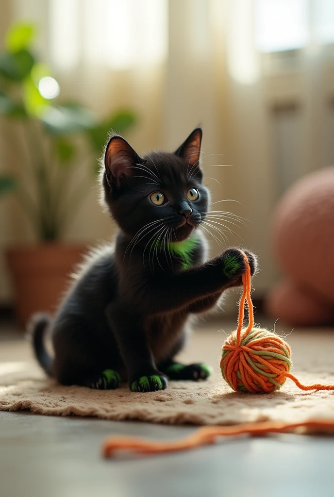 A small black cat with white on its head, a bit of green also on the head with green stripes on its body 