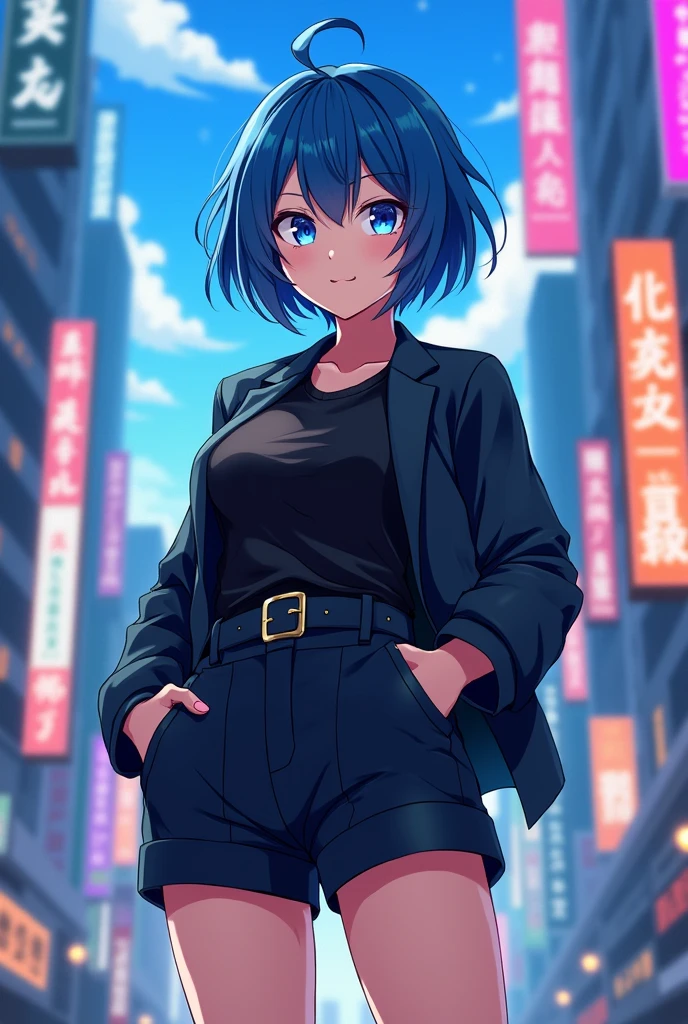 a woman with short blue hair and dark blue eyes wearing a black shirt tucked into belted shorts and a jacket, Kantai Collection Style, female protagonist 👀 :8, 2 d animated style, high quality anime art style, Moe anime art style, Ayaka Genshin Impact, stylized anime, animated style. 8k, modern animated style, visual novel sprite, girls frontline style, animated styled 3d