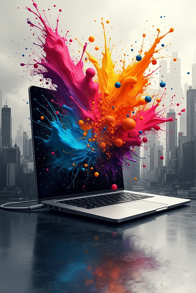 Computer screen with colored paint coming out from the center, Cubist Futurism, multiple monochrome, high quality