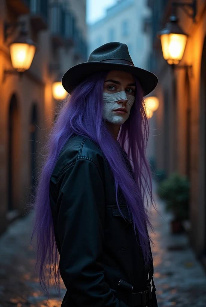 A man with somewhat long purple hair and an androgynous appearance, bandages covering part of his face and an old hat 