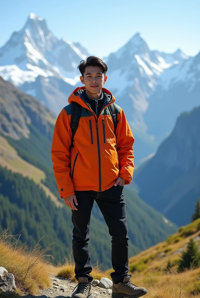 please make me a realistic photo of a 25-year-old Asian man with a handsome oval full body, wearing a parachute mountain jacket, wearing black jeans, wearing mountain shoes, standing, with an aesthetic mountain background in the bright daylight.quality full hd 8k.