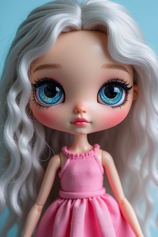 Textile doll with big blue sparkeling eyes, long silver curly hair, pink dress