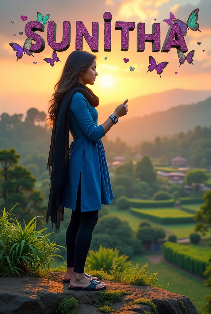 Beautiful cute short girl aged 17 , stand on stone in middle of hills, have long hair and wears ear rings and wears metallic smart watch to her left hand and seeing time and wears blue colour full hands dress and black scarf which is flying due to air and black colour legin pand and wears Black colour chappal and seeing left side and sky in sunset mood, in background village and trees and green crops and House written SUNITHA name on the sky at her background with 3D metallic colourful glitter with metallic silver heart, metallic purple butterfly, metallic green peal. Everything in front 3D rendering, typography, 3d render, poster, fashion