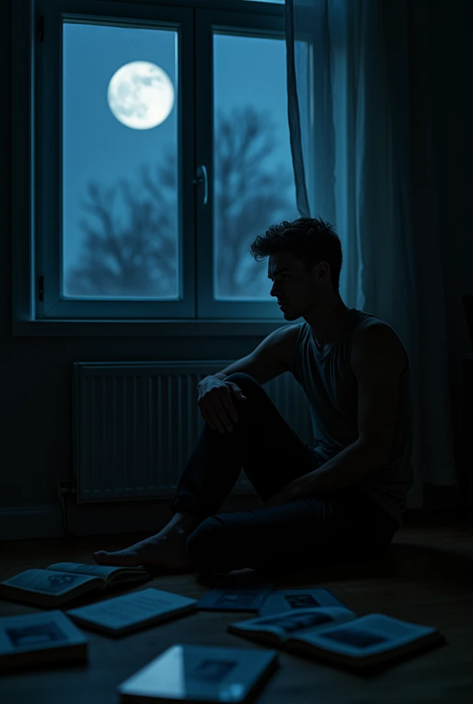 Young Man dark room moon sad
