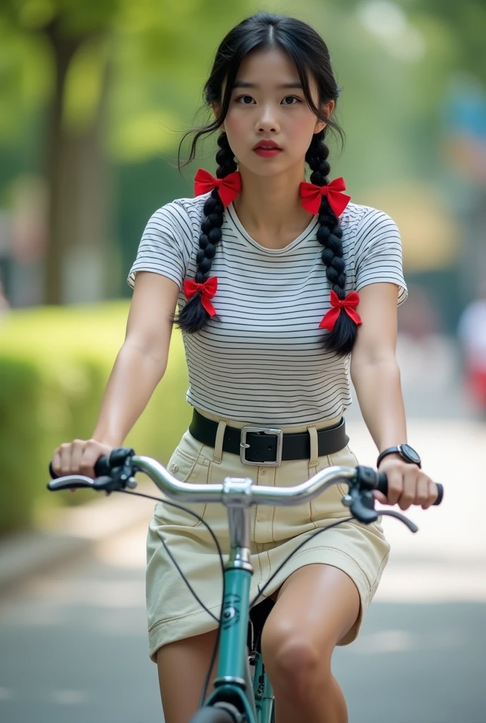 1 japanese woman, 17s, riding bicycle very fast, tight t-shirt with tiny white and small black horizontal stripes, creme jean skirt wit side pocket, black webbed belt with silver canvas belt buckle, black neckline and sleeve hem with red at the middle, motion blur, depth of field, best solution, best quality, high detailed, 32k, full body shot, black 2 braids with red bow hair, cute and beautiful face, 3/4 angle camera