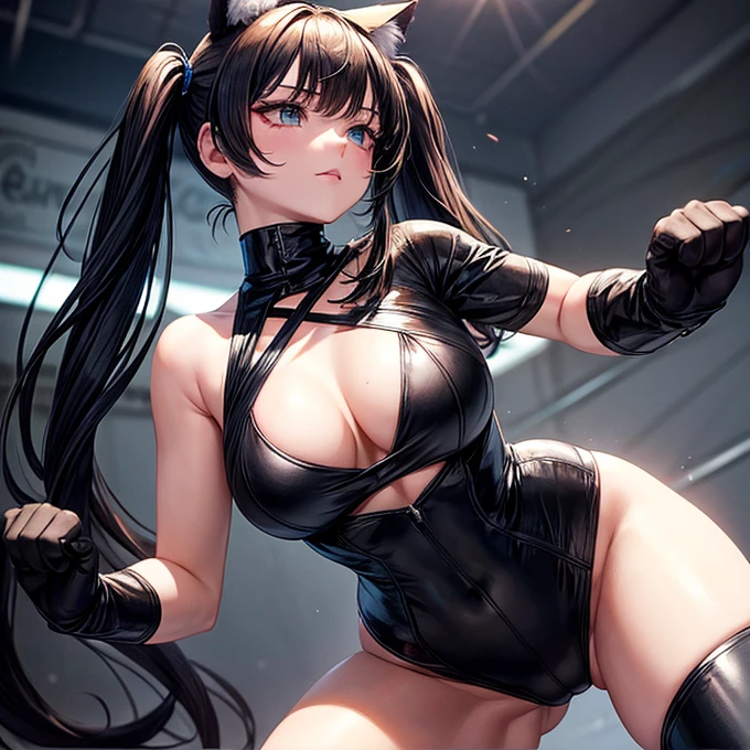 she is wearing black clothes, High Cut Bodysuit.A woman doing professional wrestling It has cat ears and a tail... Twin tails Open Finger Gloves Fighting in the ring