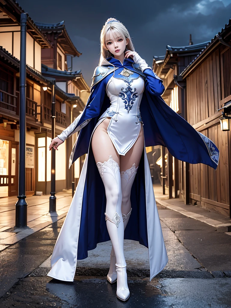 South korea walk women mystery hooded on with modern royal Blue coat with long and wide sleeves with buttons and royal Blue cape and very high white heel over the knee and white gloves, As she reveals a small secret hidden blade coming from his palm , adding to the character's mysterious and agile appearance, with small movements of air on the cape, in summer at night under the rain,medieval south korea house. sophisticated and highly detailed, ultra hd, realistic, hyper detailed, enhanced colours, ultra sharp focus, with vibrant, rich in details High quality, gorgeous, captivating, 8k, super detailed, stunning shadows, detailed lines, blood stain on coat and gloves, corpses in the street recently murdered