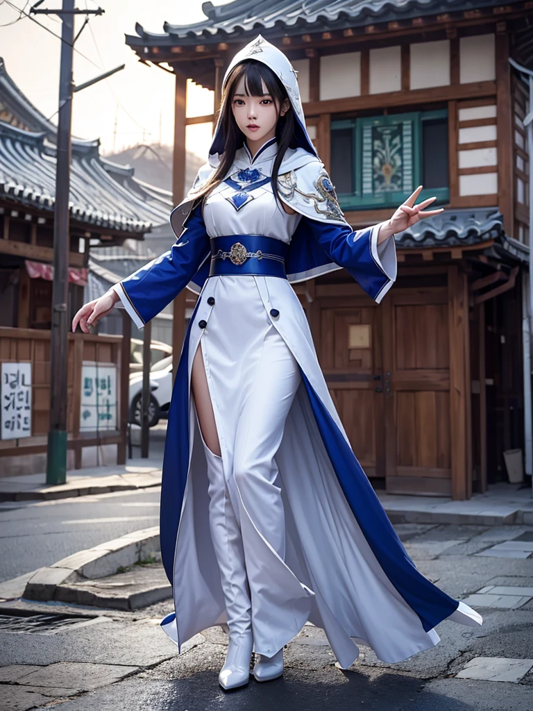 South korea walk women mystery hooded on with modern royal Blue coat with long and wide sleeves with buttons and royal Blue cape and very high white heel over the knee and white gloves, As she reveals a small secret hidden blade coming from his palm , adding to the character's mysterious and agile appearance, with small movements of air on the cape, in summer at night under the rain,medieval south korea house. sophisticated and highly detailed, ultra hd, realistic, hyper detailed, enhanced colours, ultra sharp focus, with vibrant, rich in details High quality, gorgeous, captivating, 8k, super detailed, stunning shadows, detailed lines, blood stain on coat and gloves, corpses in the street recently murdered
