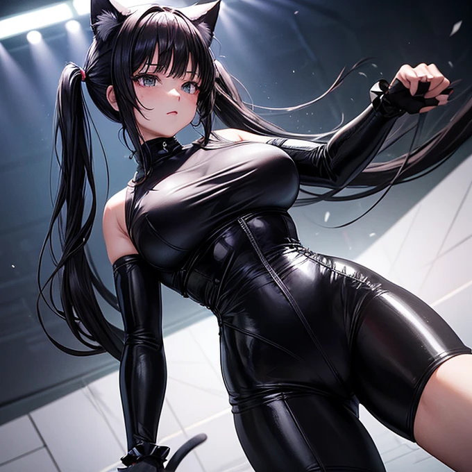 she is wearing black clothes, High Cut Bodysuit.A woman doing professional wrestling It has cat ears and a tail... Twin tails Open Finger Gloves Fighting in the ring