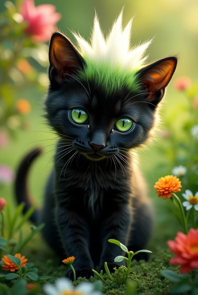A small black cat with white on its head, a little bit of lime green also on its head with lime green stripes on its body.