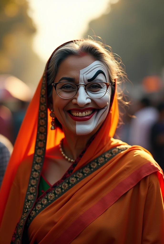 (photorealism:1.2), EX prime Minister of Babgladesh, Sheikh Hasina, wearing a sharee and glasses, she is smiling devilishly and covering her half of her face with a joker mask, joker mask is white in color

