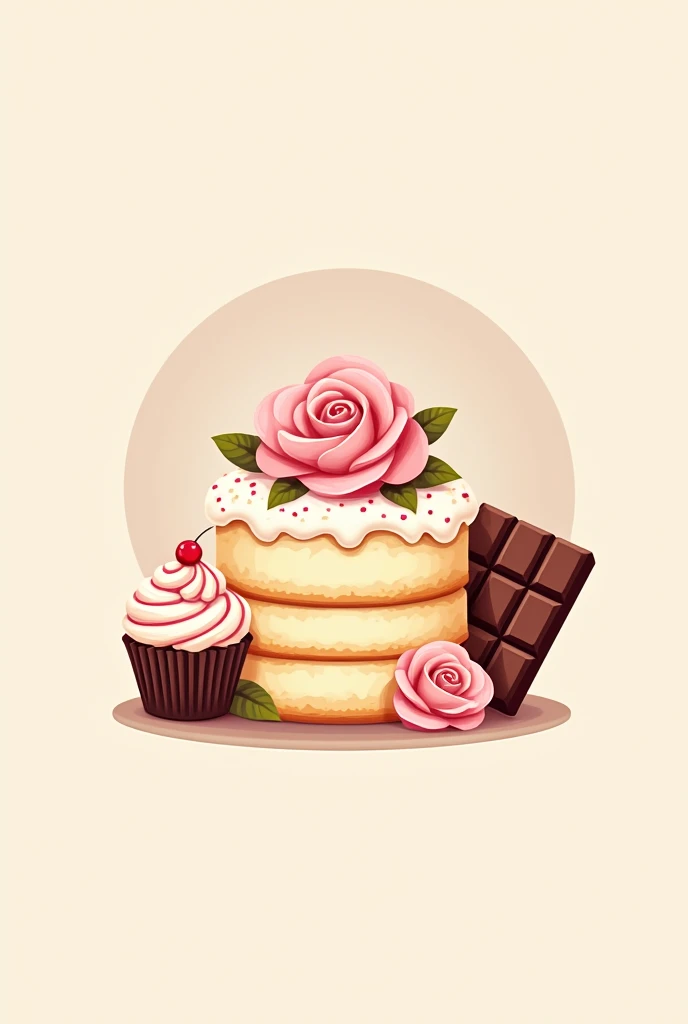 A beautiful logo for a bakery with a one-tier cake in the middle, a cupcake and a chocolate bar 