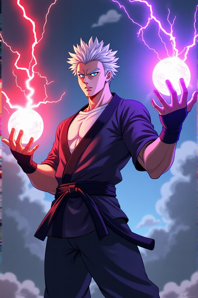 gojo body white skin, 80 kg muscular body, and white short hair, blue eyes, white T-shirt ,black leg karate suit ,shoot pure red lightning sphere from right hand,purple sphere from left hand anime style
