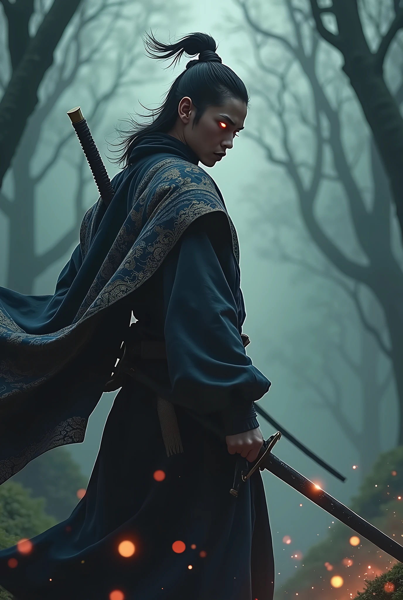 samurai、Shoulder garment and hakama、Topknot、Black Hair、spirits、Glowing Eyes、Evil Aura、devil、Draw your sword