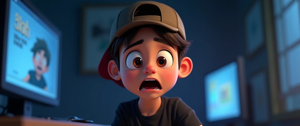 ( male character) from a young boy's animated movie in the Disney Pixar style, high qualiy, best qualityer , beautiful face brown skin, short straight hair , beautiful eyebrow , wears black shirt , wears a backwards cap, teenage boy, Facial expression, desperate, comedy screaming with fear , Time travel , magie , entering the computer screen, being sucked , teletransporte