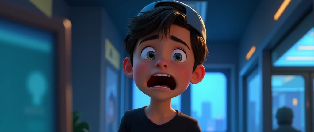 ( male character) from a young boy's animated movie in the Disney Pixar style, high qualiy, best qualityer , beautiful face brown skin, short straight hair , beautiful eyebrow , wears black shirt , wears a backwards cap, age boy, Facial expression, desperate, comedy screaming with fear , Time travel , magie , entering the computer screen, being sucked , teletransporte