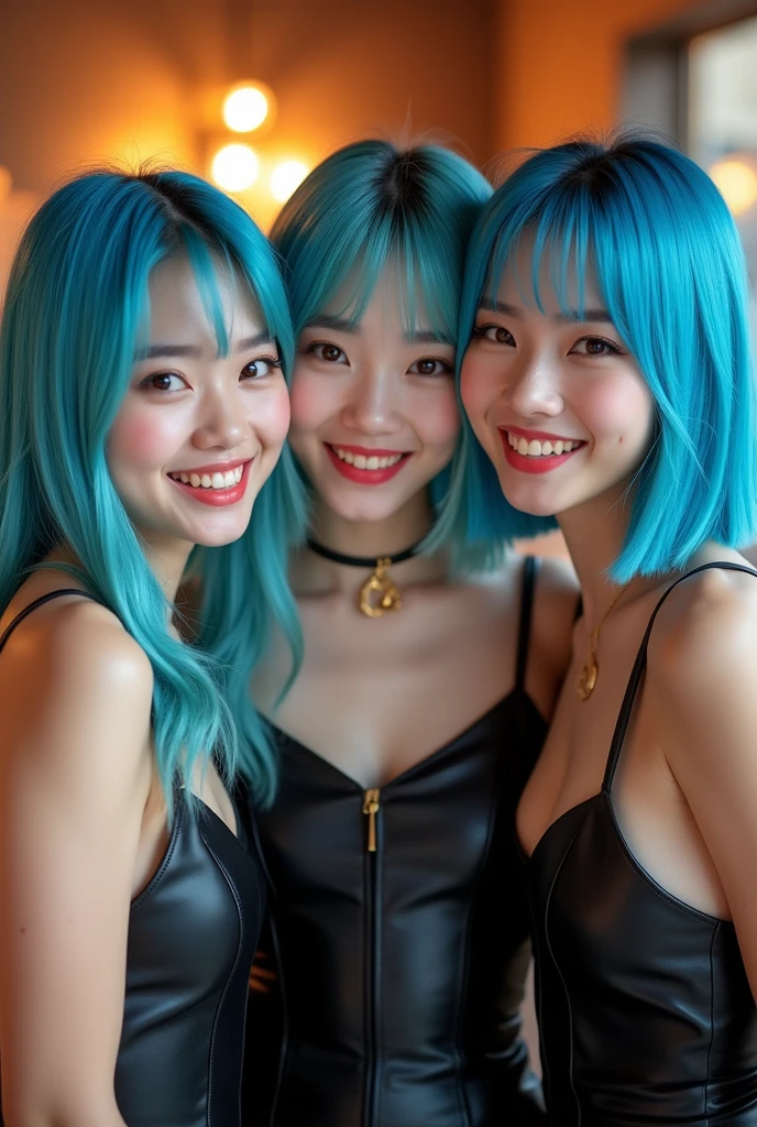 Three young women with blue hair and black leather dresses posing for a photo, portrait of K-pop idol, korean idol woman portrait, Portrait of Jossi from Blackpink, Red velvet, K-pop, close-up studio photo, official work, arte the fan, perfume, South Korean popular makeup, twice, sakimichan, art album, profile headshot, official arte the fan, look of joy