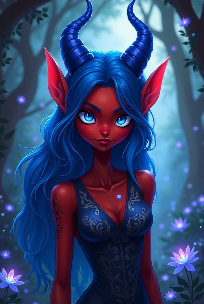 red-skinned tiefling with blue hair and blue eyes