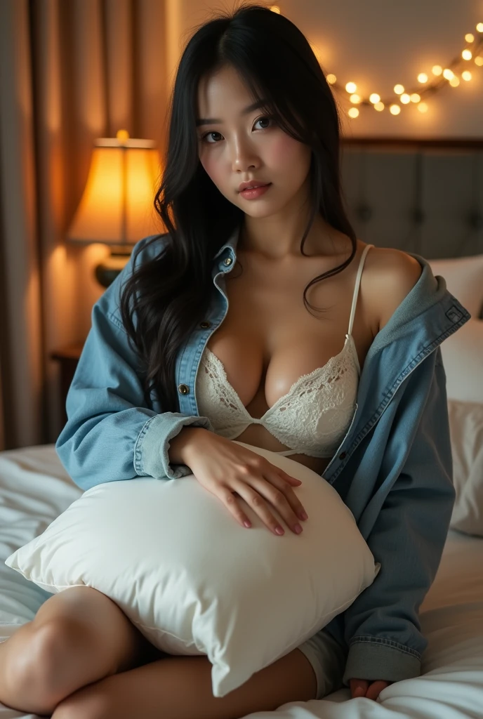 A sexy Japanese woman sits on a bed, hugging a large pillow, with her huge breasts partially hidden by the pillow, her cleavage exposed, looking at the viewer, full body shot, movie lighting,  cleavage, thigh, short skirt, sexy, denim jacket, black long straight hair , string lights