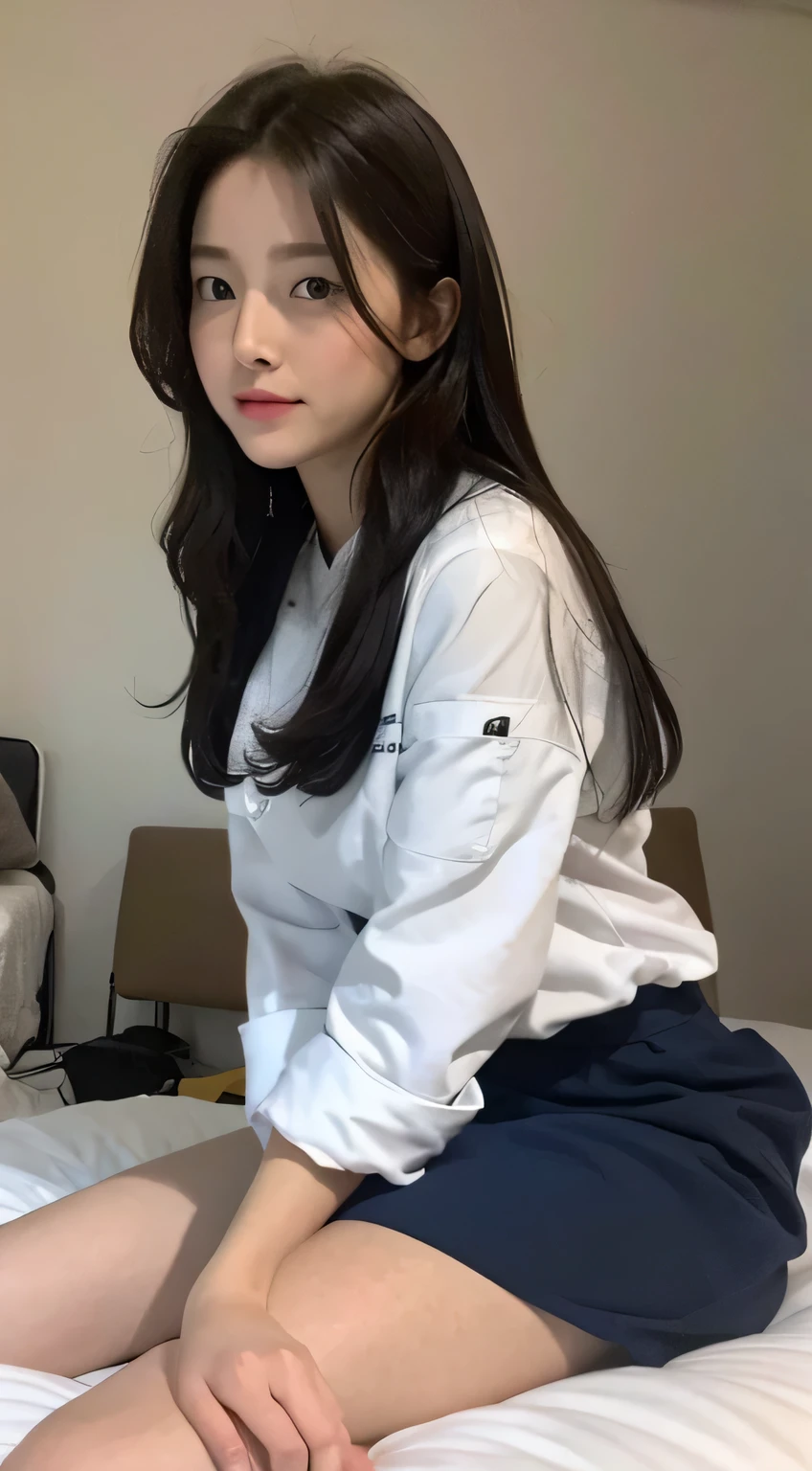 Assis sur un lit dans une chambre, korean, meilleure qualité, chef-d&#39;œuvre, ultra haute résolution, 8k, RAW, HD, 4K, realiste, reel, (photo réaliste:1.4), Rendu basé sur la physique, profondeur de champ, regarder les spectateurs, mince, (Séance:1.1), dans la chambre, beau visage détaillé, 1 fille, Mignon, jeune, nez rougir, grands yeux noirs, bouche fermer, petits seins, cheveux brun, cheveux long lisse, bouche fermer, vêtements détaillés, (pyjamas:1.3), pas de chaussures ,pureerosface_V1,