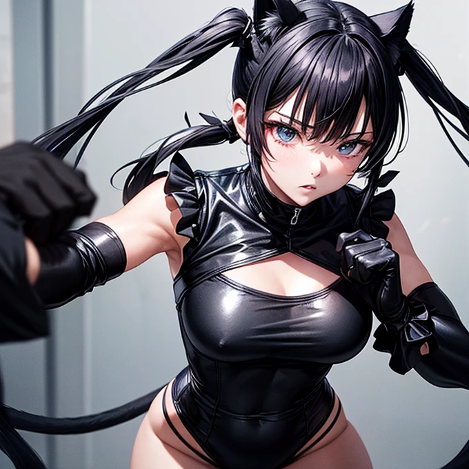 she is wearing black clothes, High Cut Bodysuit.A woman doing professional wrestling It has cat ears and a tail... Twin tails Open Finger Gloves Fighting in the ring