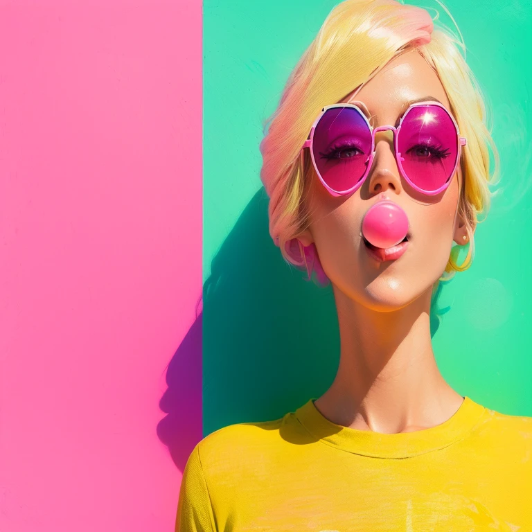 blond woman with pink sunglasses blowing a bubble with a pink and green background, pop and vibrant colors, colorful photo, bubblegum pop, colorful fashion, shutterstock, bubble gum, colorful aesthetic, bubblegum face, candy colors, candy girl, colorful mood, vibrant pastel colors, pink and triadic color scheme, pop art look, blowing bubblegum, colorful photograph, bright pastel colors