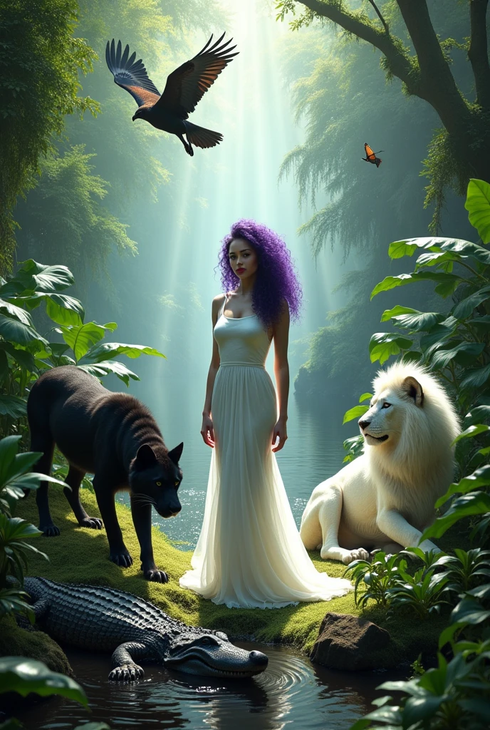 white skin woman, backwards, purple curly hair, dressed in a white gown, Red lips, surrounded by a large black jaguar, an eagle ,a wolf, A crocodile, a big white lion and plants