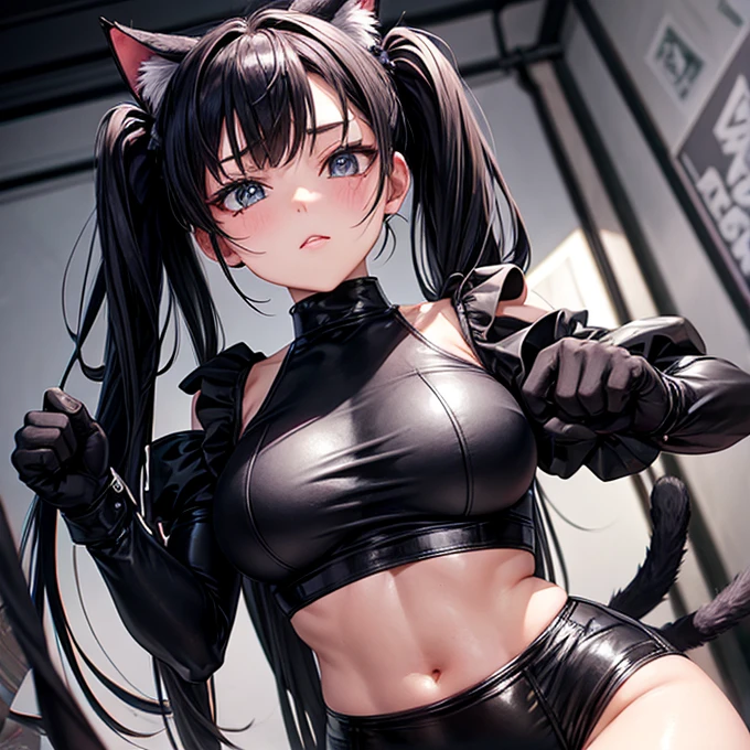 she is wearing black clothes, Exactly, High Cut Bodysuit.A woman boxing　It has cat ears and a tail.　Twin tails　Open Finger Gloves