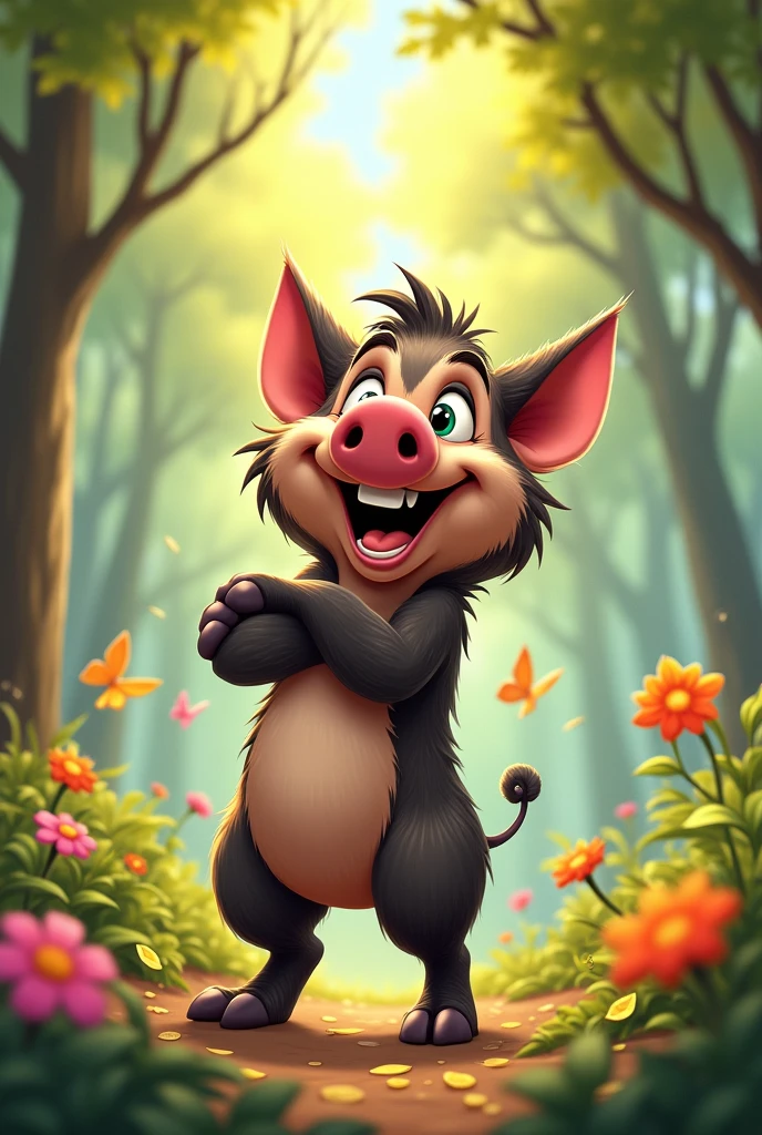 A cartoonish wild boar, happy, thin and strong