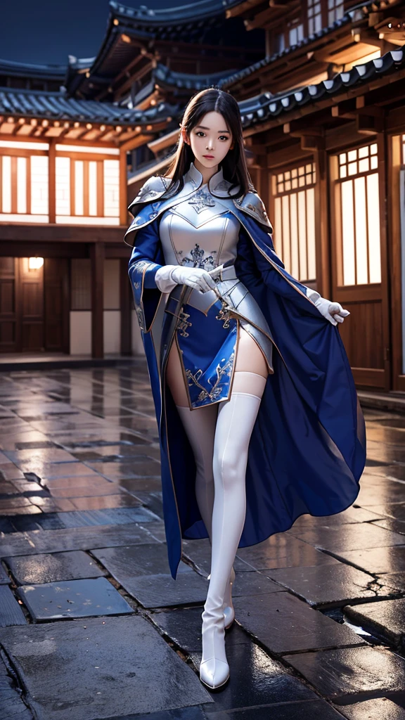 South korea walk women mystery hooded on with modern royal Blue coat with long and wide sleeves with buttons and royal Blue cape and very high white heel over the knee and white gloves, As she reveals a small secret hidden blade coming from his palm , adding to the characters mysterious, with small movements of air on the cape, in summer at night under the rain,medieval south korea house. sophisticated and highly detailed, ultra hd, realistic, hyper detailed, enhanced colours, ultra sharp focus, with vibrant, rich in details High quality, gorgeous, captivating, 8k, super detailed, stunning shadows, detailed lines, blood stain on coat and gloves, corpses in the street recently murdered