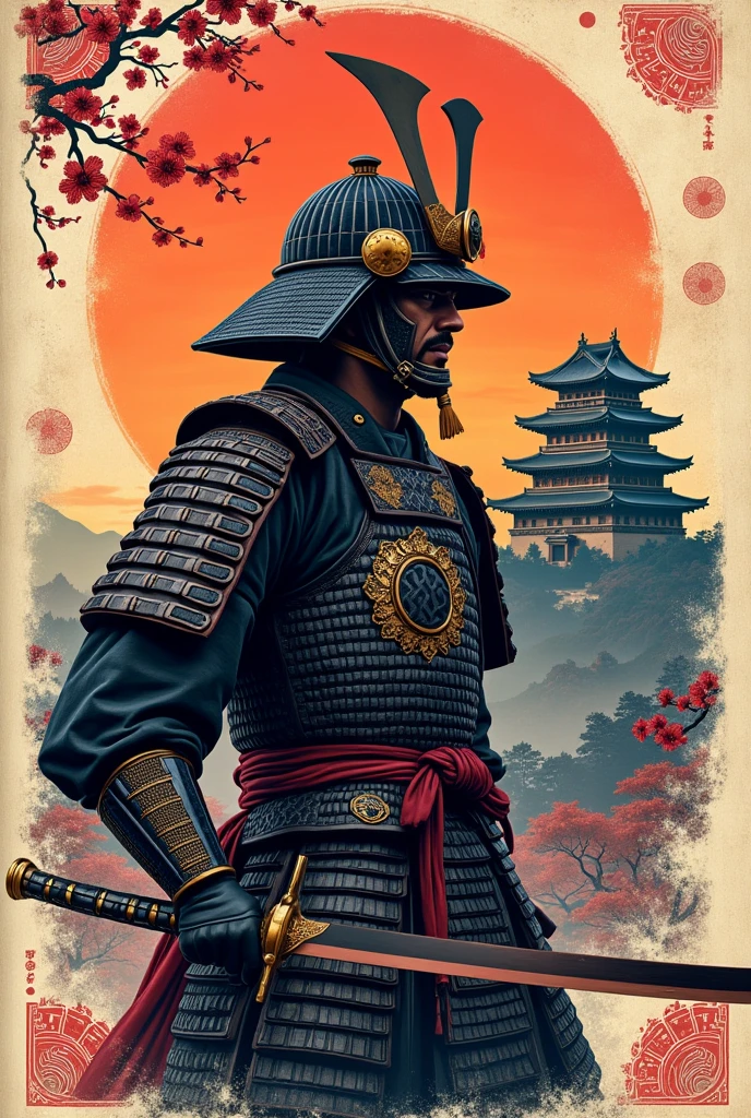Create a notebook cover with a Japanese theme, com ronin, Japanese castle in the background. Drawings with Japanese patterns