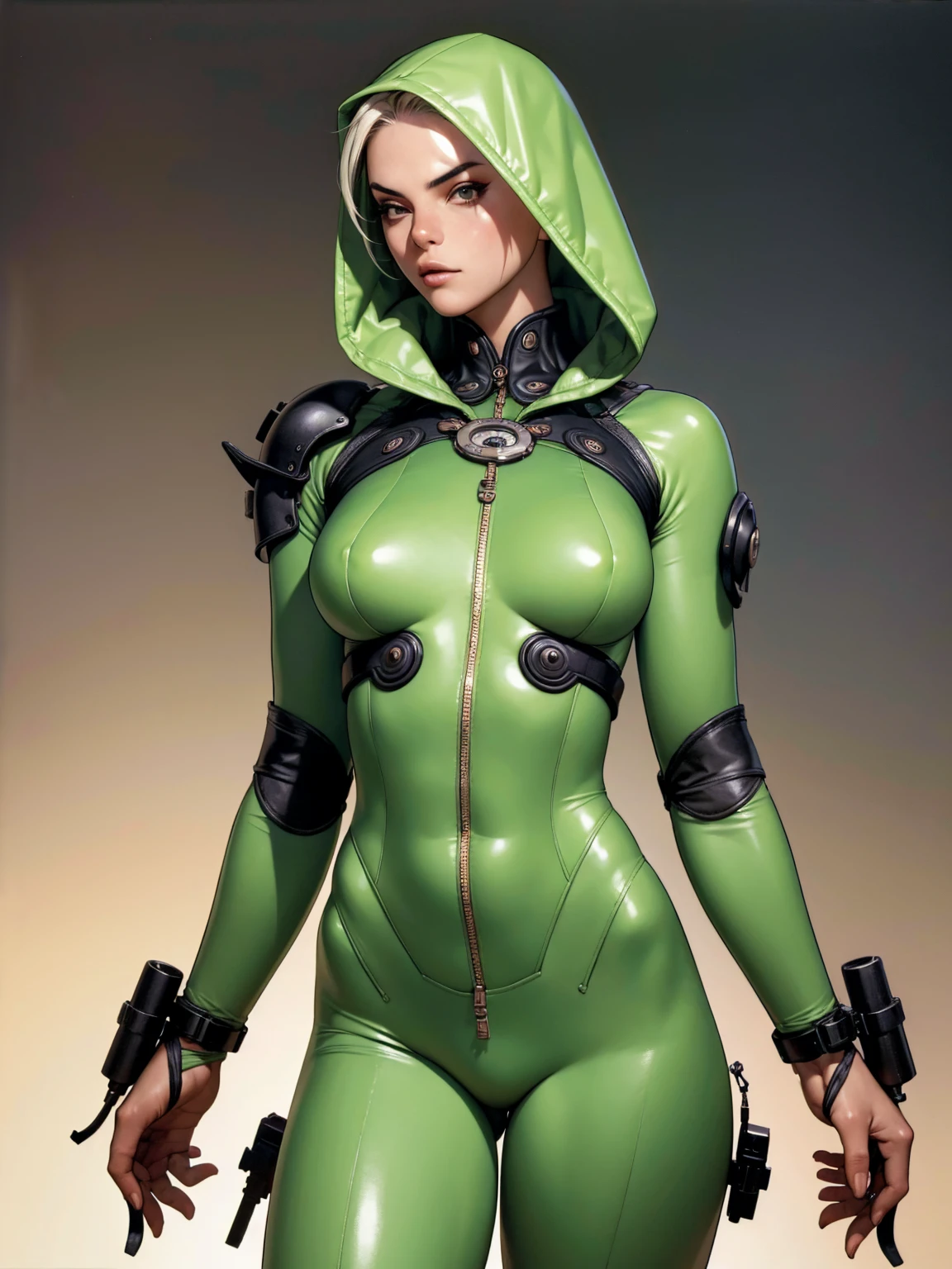 (((hooded cloak))), (((green suit))), ((( soldier suit ))), (((Black short haircut))), (((Afro girl))), ((high collar)), (((green army suit))), (((best qualityer: 1.4))), (Unbeatable masterpiece), (hiper HD),(CG 8k hyper-realistic), (((brave face))), (((breasts big))), (((hyper feminine))), sexly girl, ((( sculptural body ))), (((1 Kizi))), Kizi cibernética de 25 anos com perfectbody,,Beautiful and well-groomed face,muscular body:1.2,solid color detailed jacket, (Head to thigh photos), Complex equipment, green dark,Long pants,Tight clothes are dark,With white stars and off-white stripes,,,,,Armor Metal Electronic Parts, Poison tattoos ) INFO, Kizi, (((standing alone))), pirralha violent, ((())), sexly, pose de atitude, work of art, post-apocalypse, (((manga style))), bounty hunter, violent, Manic, the way you want, slenderbody, thin but strong, perfectbody, roupa moderna, advanced technology, neon, sleeves with vertical striped pattern, neutral background, (( cowboy shot )). intricate visual