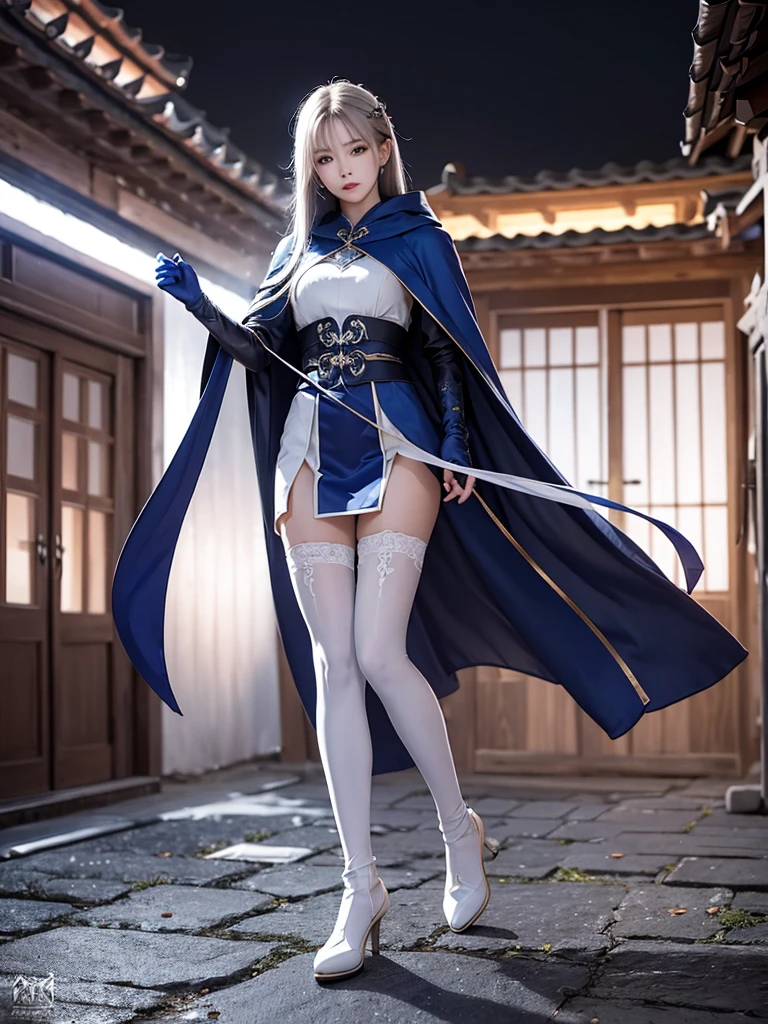 South korea walk women mystery hooded on with modern royal Blue coat with long and wide sleeves with buttons and royal Blue cape and very high white heel over the knee and white gloves, As she reveals a small secret hidden blade coming from his palm , adding to the character's mysterious and agile appearance, with small movements of air on the cape, in summer at night under the rain,medieval south korea house. sophisticated and highly detailed, ultra hd, realistic, hyper detailed, enhanced colours, ultra sharp focus, with vibrant, rich in details High quality, gorgeous, captivating, 8k, super detailed, stunning shadows, detailed lines, blood stain on coat and gloves, corpses in the street recently murdered